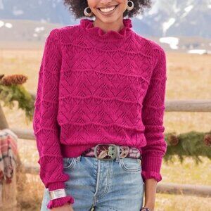 Sundance Bertina Sweater Ruffle Neck Pointelle Knit Fuchsia Pink S $118 Romantic
